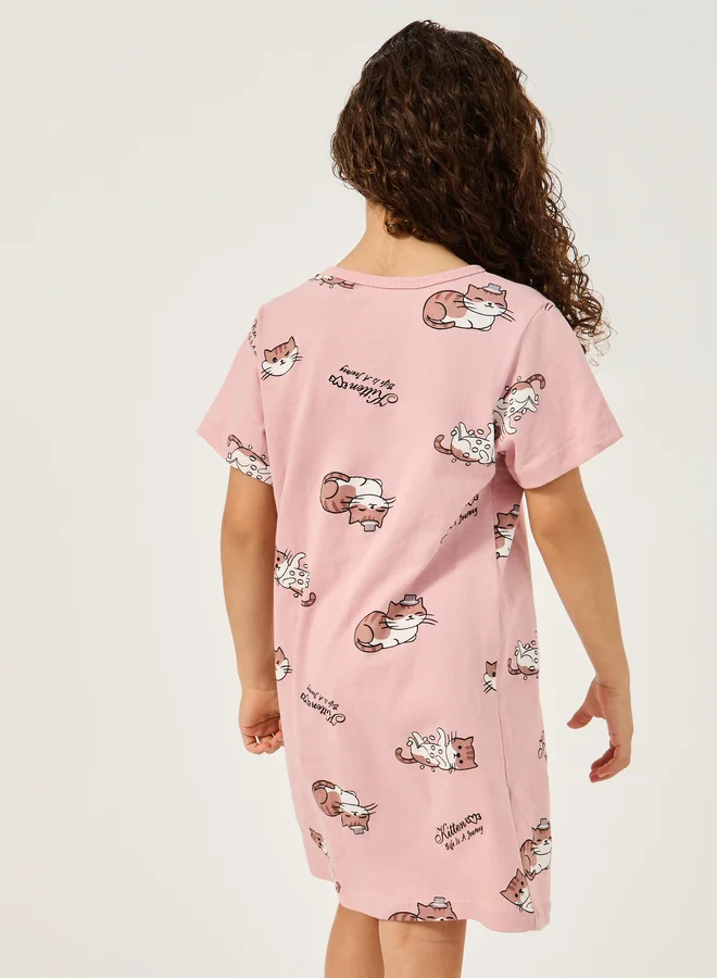 Styli Cat Graphic Print Cotton Sleep Dress
