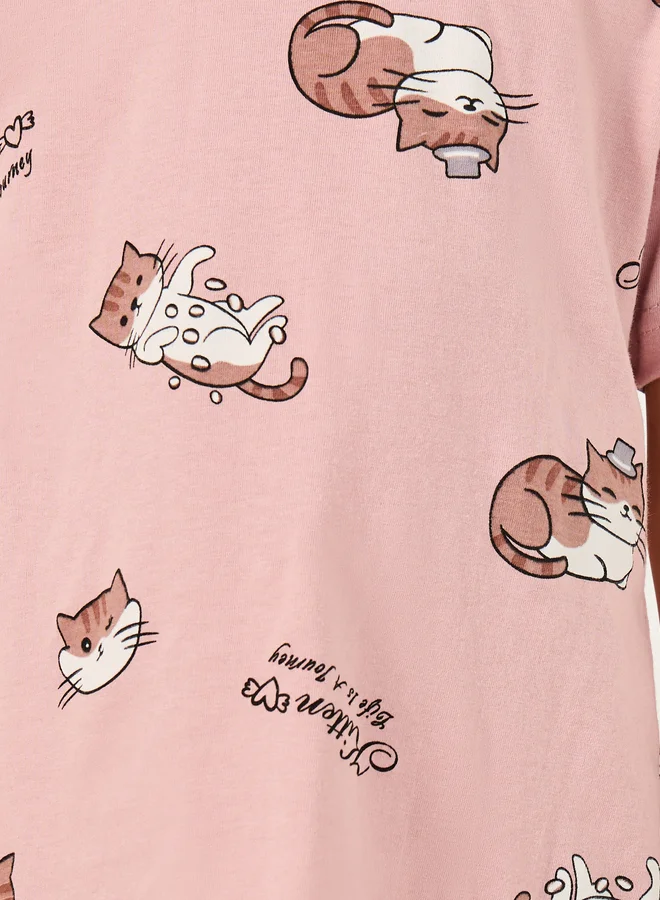 Styli Cat Graphic Print Cotton Sleep Dress