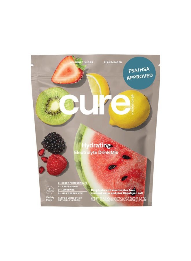 Cure Hydration Plant-Based Electrolyte Drink Mix | No Added Sugar | FSA & HSA | Dehydration Relief Powder Made with Coconut Water | Non-GMO | Vegan | 8 Servings - Variety Pack - Image 1