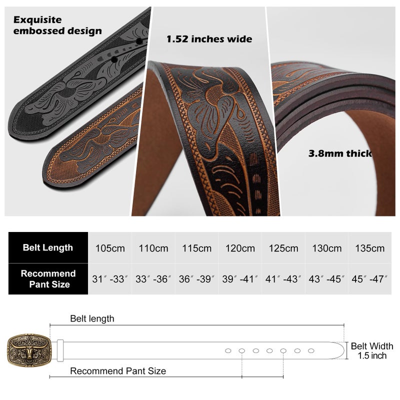 BISON DENIM Men's Western Cowboy Belt with Big Printed Engraved Buckle Strap Adjustable - Image 5