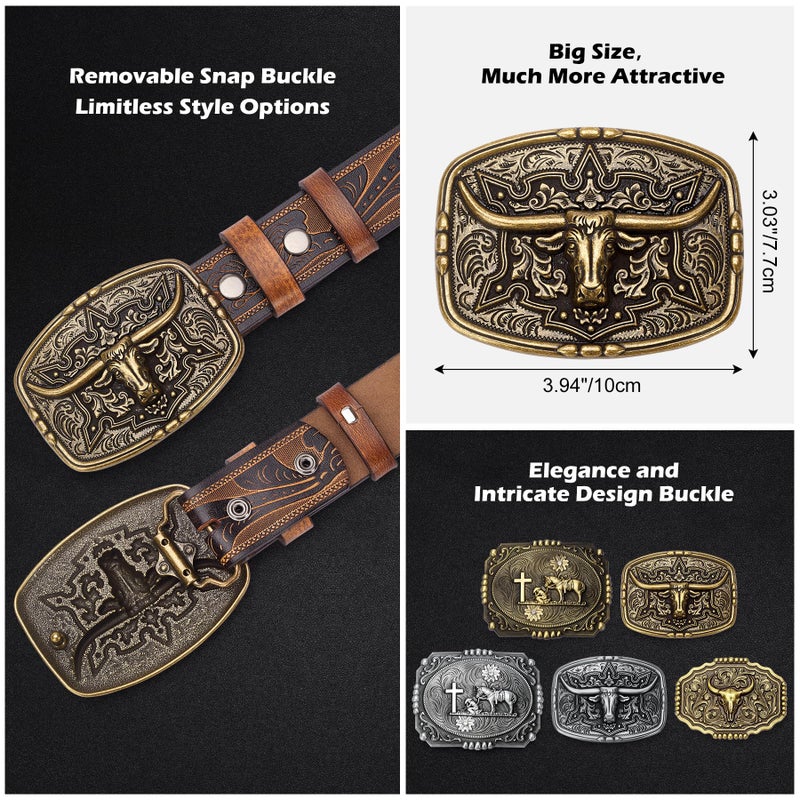BISON DENIM Men's Western Cowboy Belt with Big Printed Engraved Buckle Strap Adjustable - Image 4