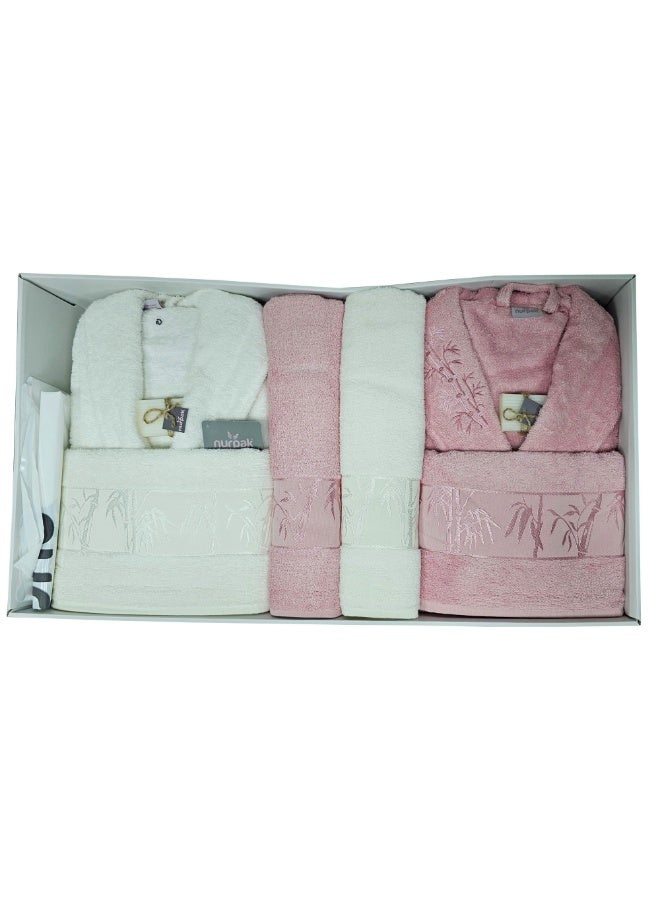 نورباك طقم مناشف تركي من القطن والبامبو مكون من 10 قطع كهدية للزوجين، بما في ذلك مناشف حمام فاخرة للرجال والنساء، مقاس 90×145 سم، أردية حمام، مناشف يد، قفازات حمام، طقم صندوق هدايا لحفلات الزفاف، وردي/عاجي - Image 3