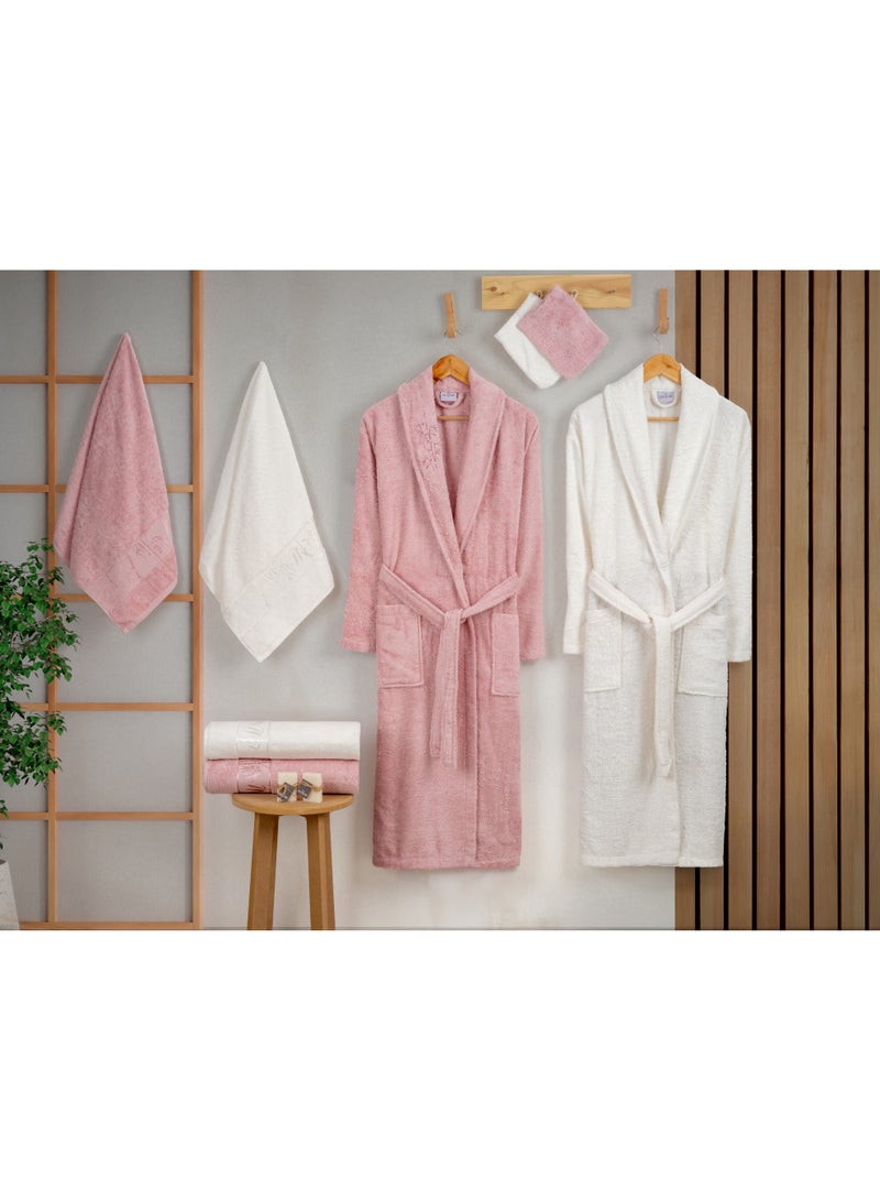 نورباك طقم مناشف تركي من القطن والبامبو مكون من 10 قطع كهدية للزوجين، بما في ذلك مناشف حمام فاخرة للرجال والنساء، مقاس 90×145 سم، أردية حمام، مناشف يد، قفازات حمام، طقم صندوق هدايا لحفلات الزفاف، وردي/عاجي - Image 1