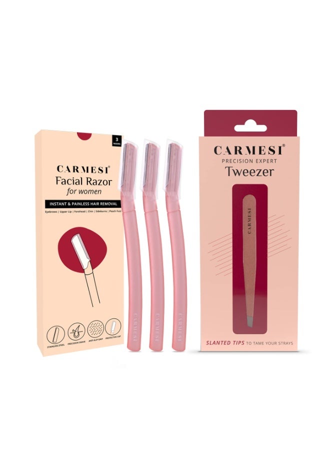 Carmesi Face Razor (Pack of 3) and Tweezer (Pack of 1) Combo | Eyebrows, Upper Lip, Chin, Peach Fuzz | No Cuts or Irritation | Travel-Friendly | Stainless Steel Blades - Image 1