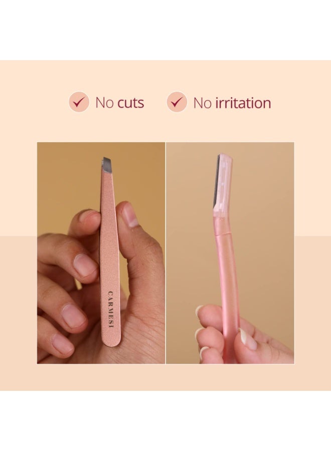 Carmesi Face Razor (Pack of 3) and Tweezer (Pack of 1) Combo | Eyebrows, Upper Lip, Chin, Peach Fuzz | No Cuts or Irritation | Travel-Friendly | Stainless Steel Blades - Image 2
