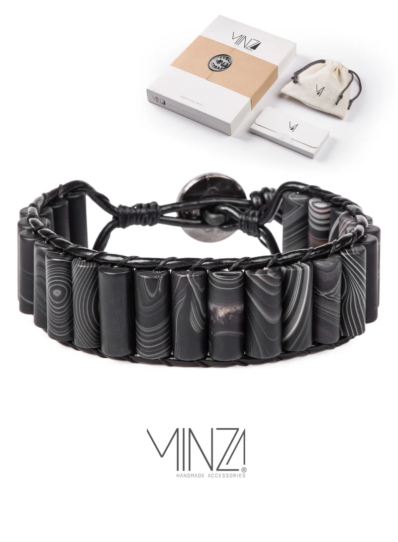 Minza Minza ” Spartan ” Agate stone, Handmade Bracelet for Men, Leather Beaded Bracelet, Jewelry for Casual & Special Occasion
