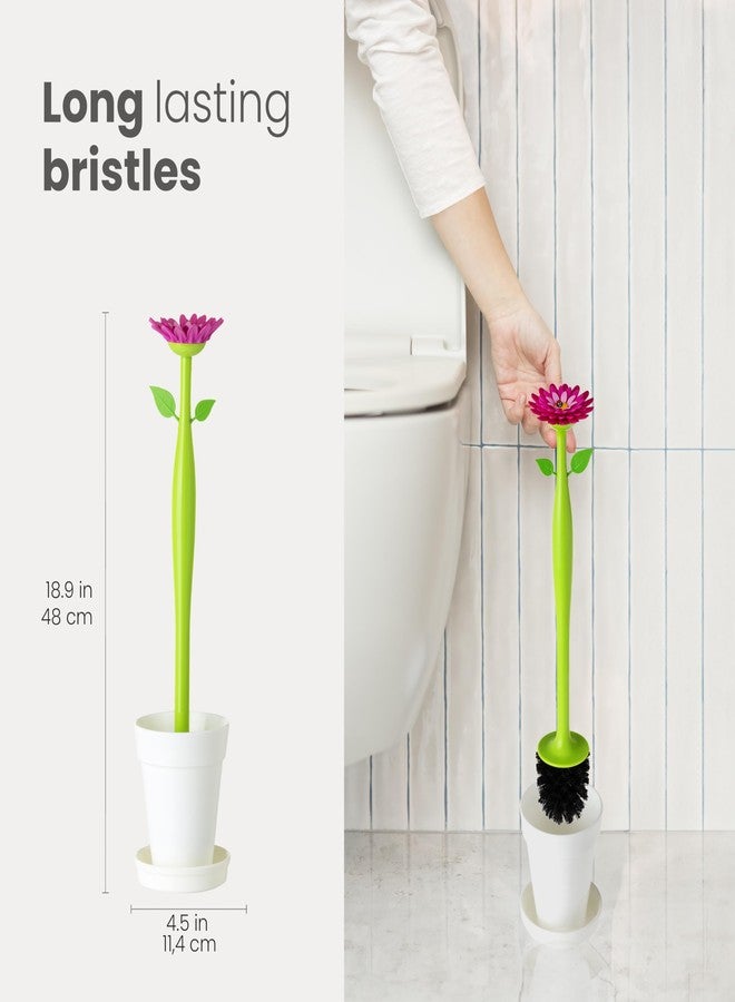 Vigar Flower Power Toilet Brush with Holder Set Toilet Brush with Daisy-shaped Handle, Flowerpot Base with Saucer Durable Bristles for Bathroom, White - Image 2