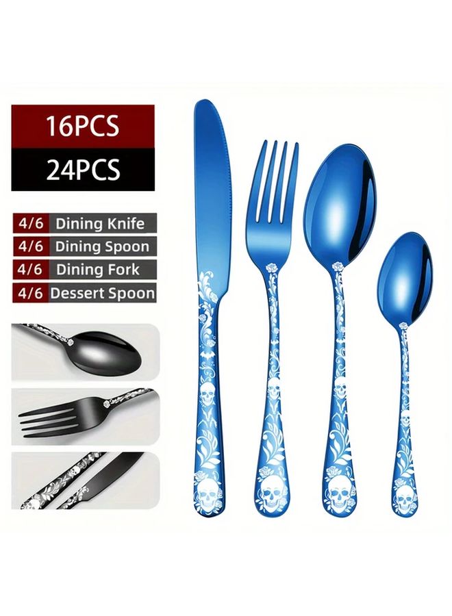 Colorful 16 Piece Gothic Skull Dinnerware Set Stainless Steel Dishwasher Safe - Image 1