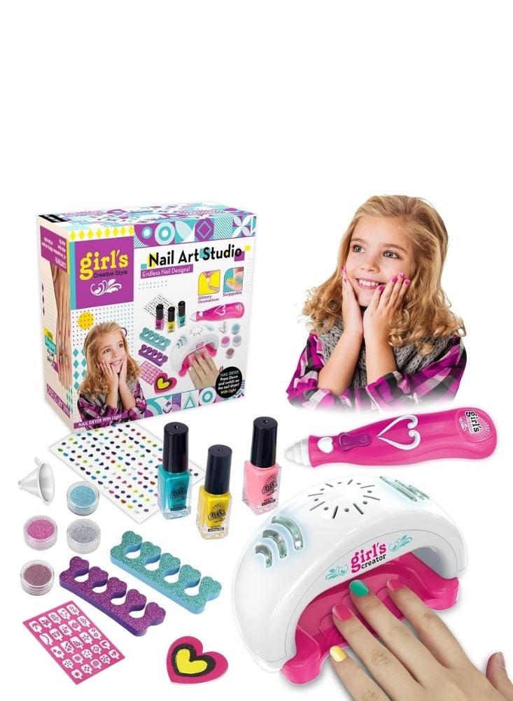 بريميم مجموعة ألعاب استوديو فن تزيين الأظافر للبنات – مجموعة كاملة لتصميم أظافر الأطفال مع مجفف أظافر بإضاءة، وطلاء أظافر قابل للتقشير، وأدوات وإكسسوارات تزيينية، متعة آمنة وخالية من الفوضى للأعمار من خمس سنوات فما فوق - Image 1