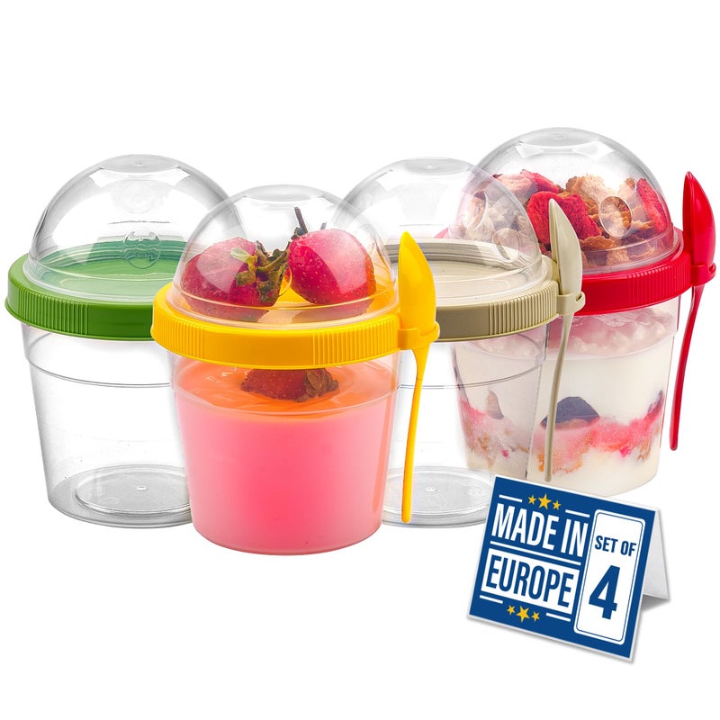 Crystalia Yogurt Parfait Cups with Lids, Breakfast On the Go Plastic Bowls with Topping Cereal Oatmeal Salad or Fruit Container with Spoon for Snack Box, Reusable Set of 4 (Small 17 oz) - Image 1