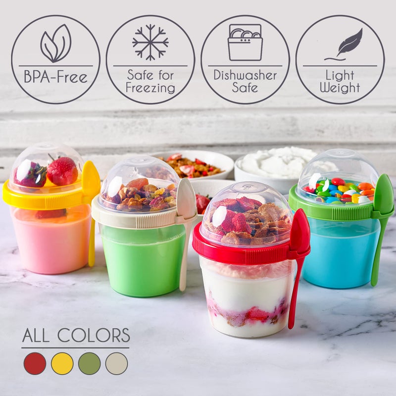 Crystalia Yogurt Parfait Cups with Lids, Breakfast On the Go Plastic Bowls with Topping Cereal Oatmeal Salad or Fruit Container with Spoon for Snack Box, Reusable Set of 4 (Small 17 oz) - Image 2