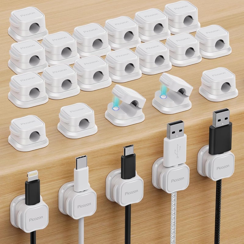 Picozon 24 Pack Magnetic Cable Clip Organizer Cord Holder, Adhesive Cable Management, Wire Phone USB Charger Cable Holder Keeper Organizer for Car, Office Home Desktop, Wall, Night Table - White - Image 1