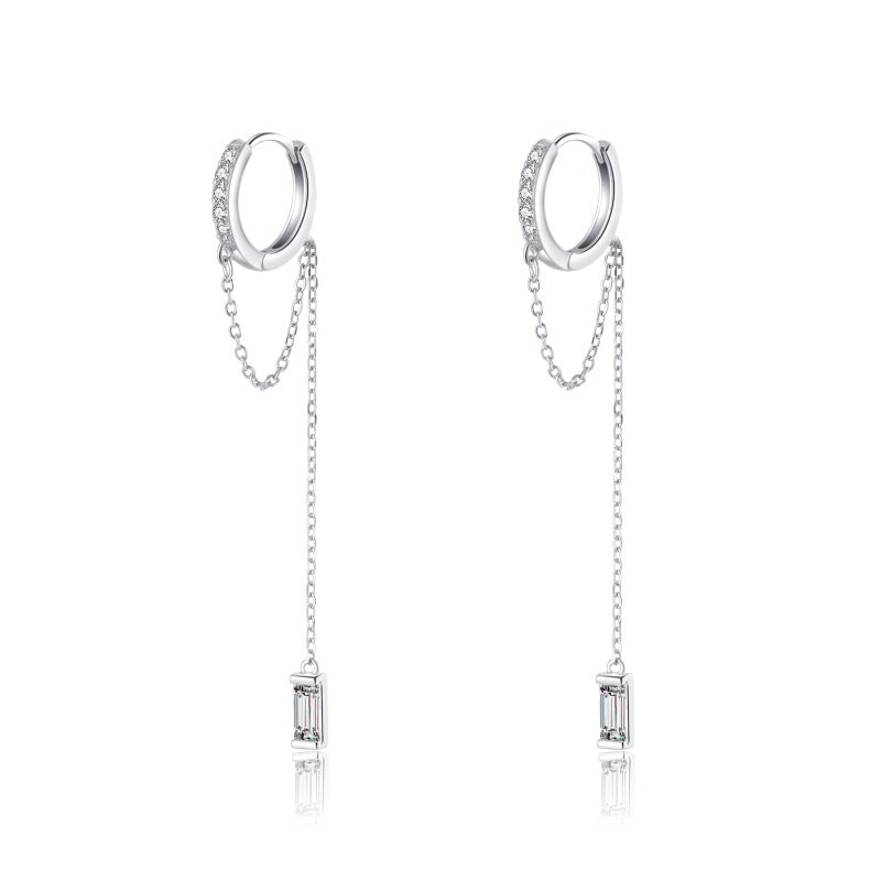 Reffeer 925 Sterling Silver CZ Chain Hoop Earrings Dangle for Women Teen Girls Dangle Earrings Chain Drop Earrings Huggie (A-Silver) - Image 1