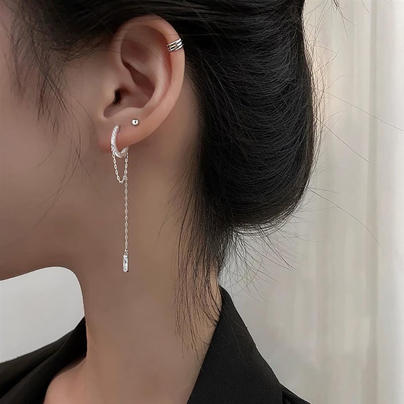 Reffeer 925 Sterling Silver CZ Chain Hoop Earrings Dangle for Women Teen Girls Dangle Earrings Chain Drop Earrings Huggie (A-Silver) - Image 2