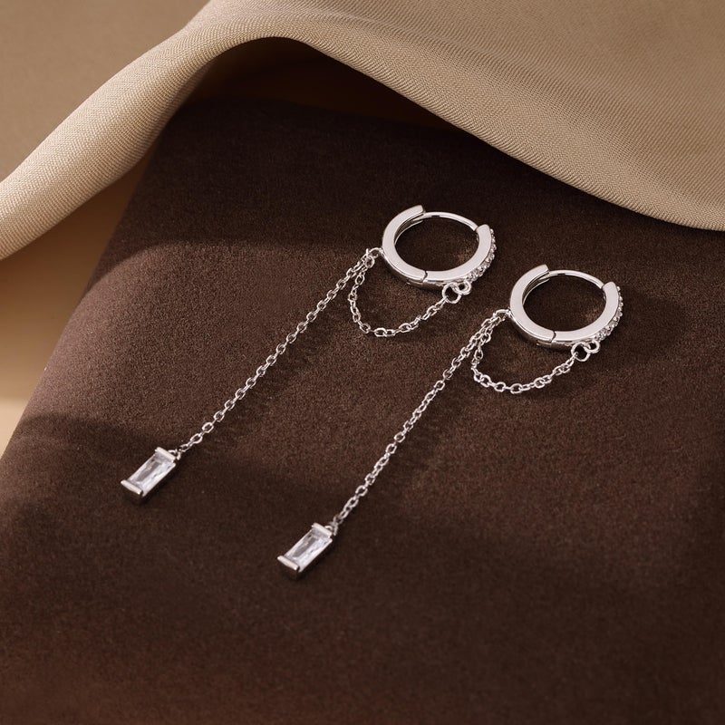 Reffeer 925 Sterling Silver CZ Chain Hoop Earrings Dangle for Women Teen Girls Dangle Earrings Chain Drop Earrings Huggie (A-Silver) - Image 4