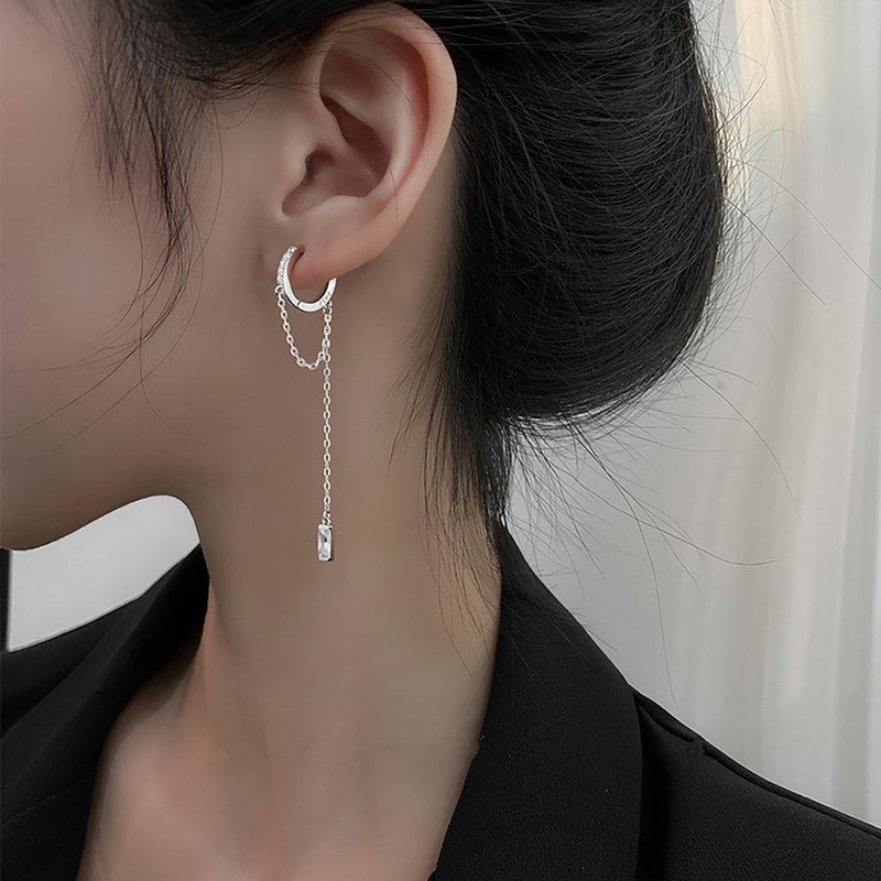 Reffeer 925 Sterling Silver CZ Chain Hoop Earrings Dangle for Women Teen Girls Dangle Earrings Chain Drop Earrings Huggie (A-Silver) - Image 3
