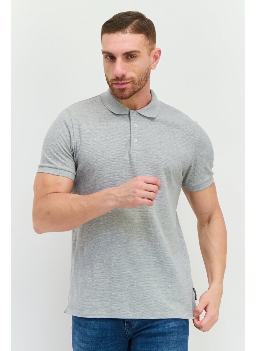 French Connection Men Regular Fit Textured Short Sleeves Polo Shirt, Light Grey  - Image 1