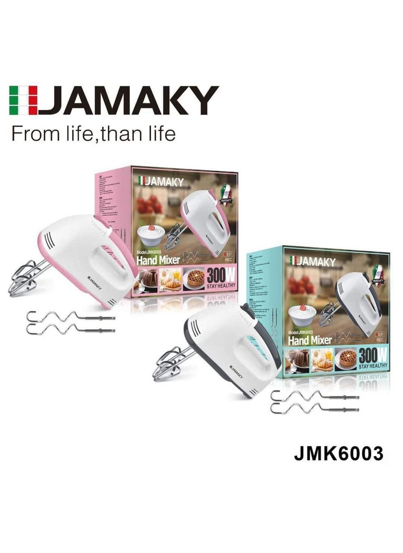 Jamaky Italy مضرب بيض من جاماكي 300 واط للخفق من الفولاذ الحديد متعدد السرعات اسلحة استانلس ضد الصدا JMK6003 اللون ابيض 