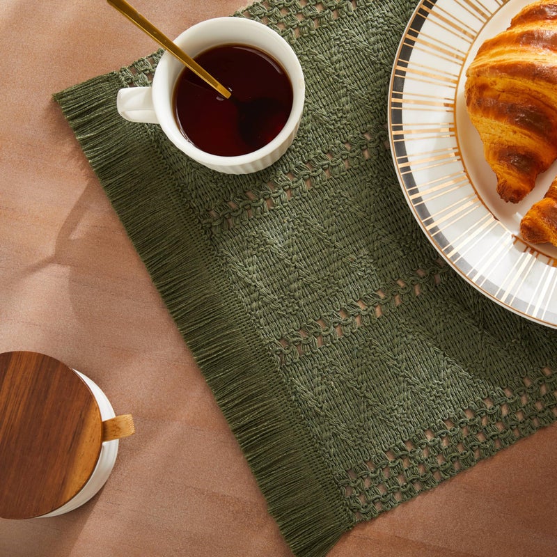 ZeeMart Macrame Style Boho Placemats Set of 4, Olive Decorative Natural Farmhouse Cotton Woven Place Mats Home Decor for Kitchen Dining Table - Image 1