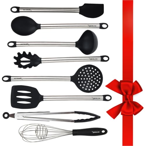 Beneloni PREMIUM Silicone Kitchen Serving Utensil Set - Stainless Steel Metal and Black Utensils Including Tongs Spoons Spatula Ladle Whisk and Frosting Spatula Professional Nonstick Safe Modern Cooking Tools - Image 1