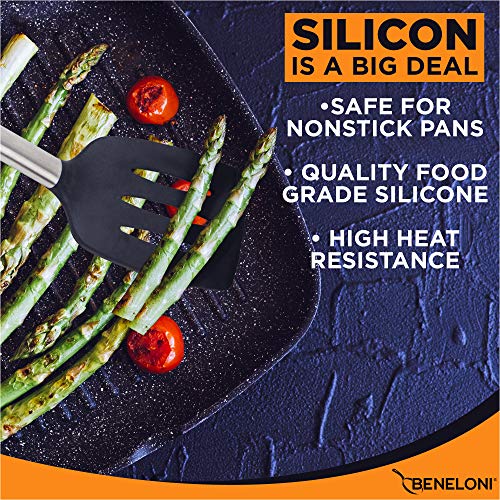 Beneloni PREMIUM Silicone Kitchen Serving Utensil Set - Stainless Steel Metal and Black Utensils Including Tongs Spoons Spatula Ladle Whisk and Frosting Spatula Professional Nonstick Safe Modern Cooking Tools - Image 2
