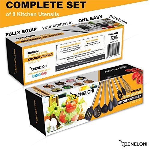 Beneloni PREMIUM Silicone Kitchen Serving Utensil Set - Stainless Steel Metal and Black Utensils Including Tongs Spoons Spatula Ladle Whisk and Frosting Spatula Professional Nonstick Safe Modern Cooking Tools - Image 4
