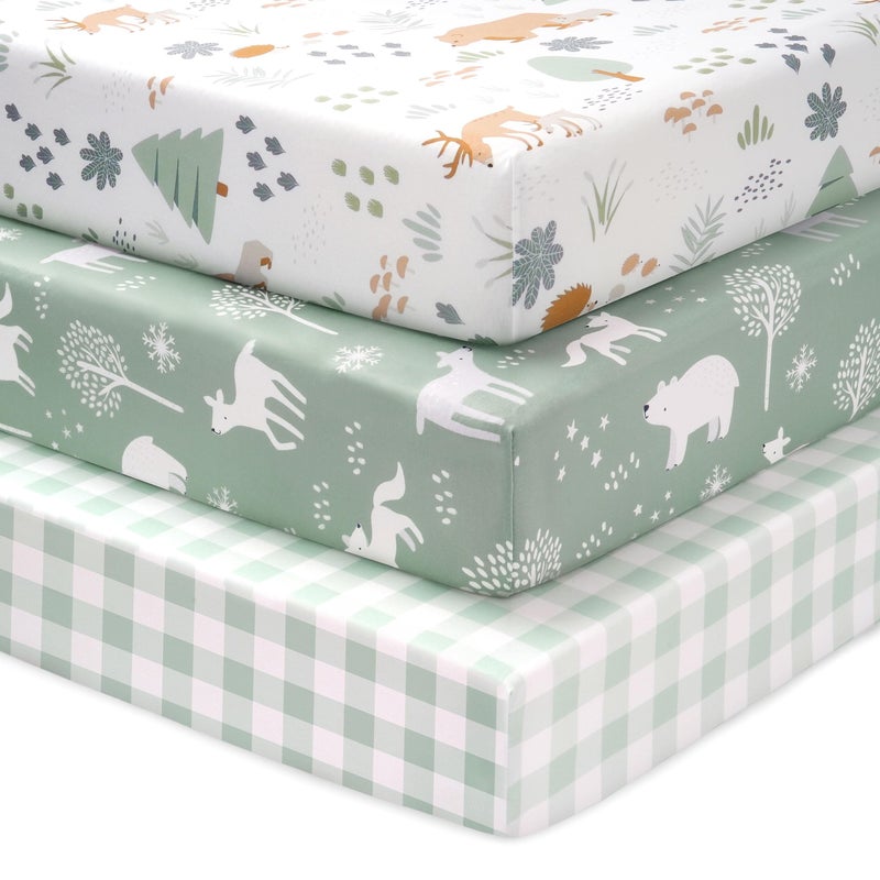 FIEMOL Baby Crib Sheets for Boys and Girls, 3 Pack Fitted Crib Sheets Neutral for 52â€x28â€ Standard Crib and Toddler Mattresses, Ultra Soft & Silky Smooth Microfiber Green Forest Bear - Image 1