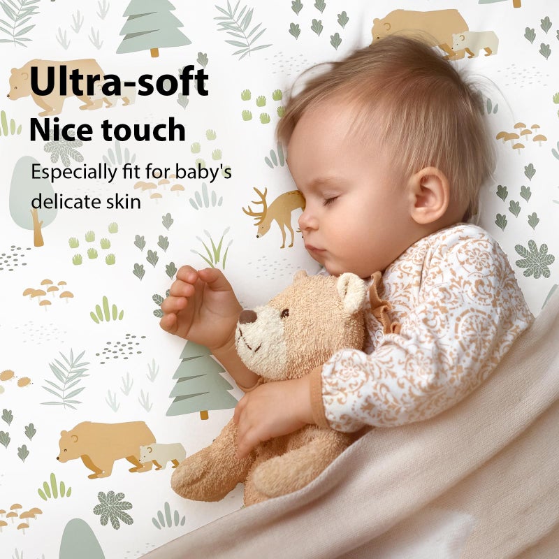 FIEMOL Baby Crib Sheets for Boys and Girls, 3 Pack Fitted Crib Sheets Neutral for 52â€x28â€ Standard Crib and Toddler Mattresses, Ultra Soft & Silky Smooth Microfiber Green Forest Bear - Image 2