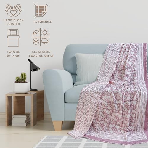 TOAIArt Premium Jaipuri Dohar | AC Blanket Summer Quilt | Hand Block Printed | 3 Layers | Reversible | 150GSM 100% Mulmul Cotton| 100% Cotton Flannel Filling | Single 60" X 90"|Vintage Pink Kalamkari - Image 4