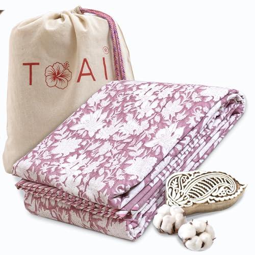 TOAIArt Premium Jaipuri Dohar | AC Blanket Summer Quilt | Hand Block Printed | 3 Layers | Reversible | 150GSM 100% Mulmul Cotton| 100% Cotton Flannel Filling | Single 60" X 90"|Vintage Pink Kalamkari - Image 1