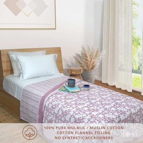 TOAIArt Premium Jaipuri Dohar | AC Blanket Summer Quilt | Hand Block Printed | 3 Layers | Reversible | 150GSM 100% Mulmul Cotton| 100% Cotton Flannel Filling | Single 60" X 90"|Vintage Pink Kalamkari - Image 2