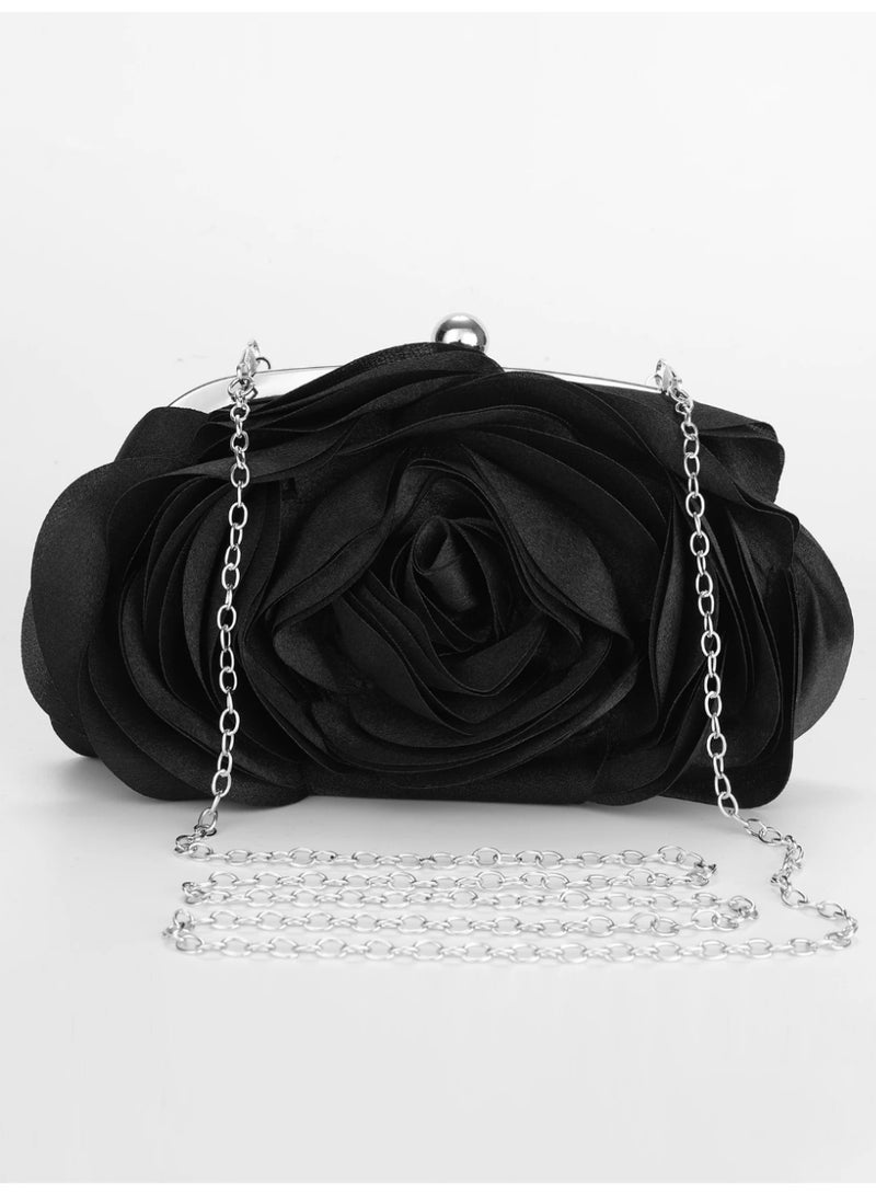 Women's black satin flower-shaped satchel, luxury handbag with a detachable chain strap for shoulder wear. - Image 2