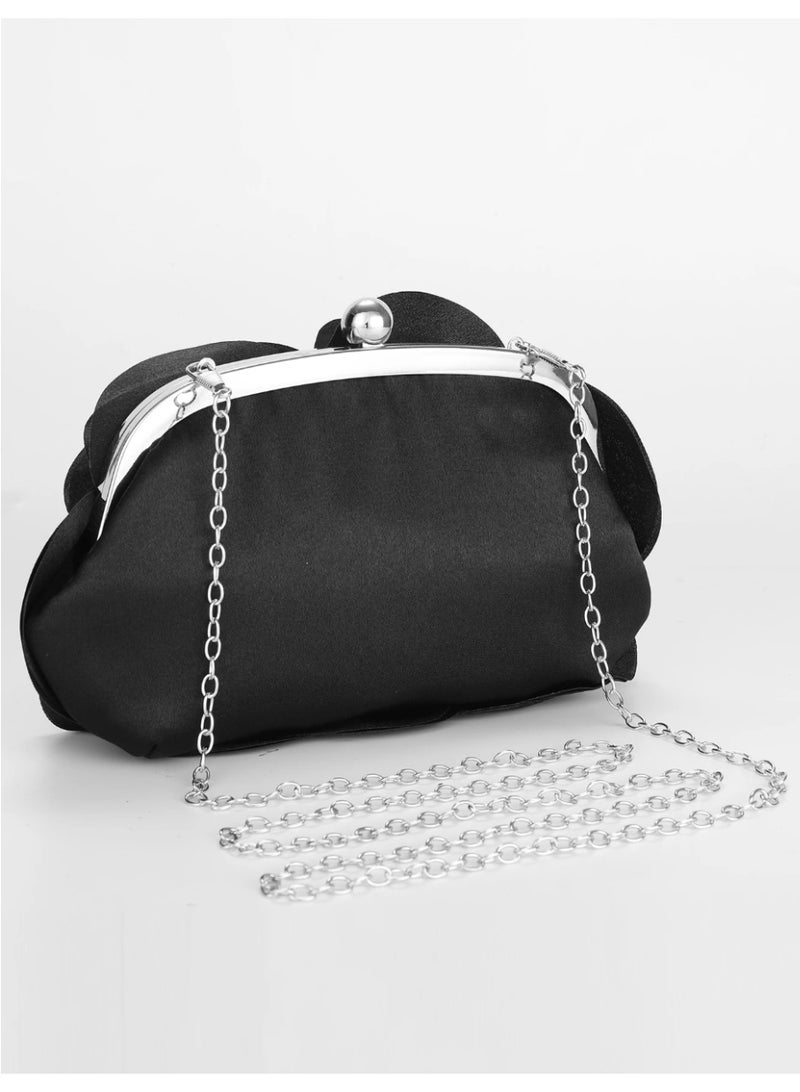 Women's black satin flower-shaped satchel, luxury handbag with a detachable chain strap for shoulder wear. - Image 3