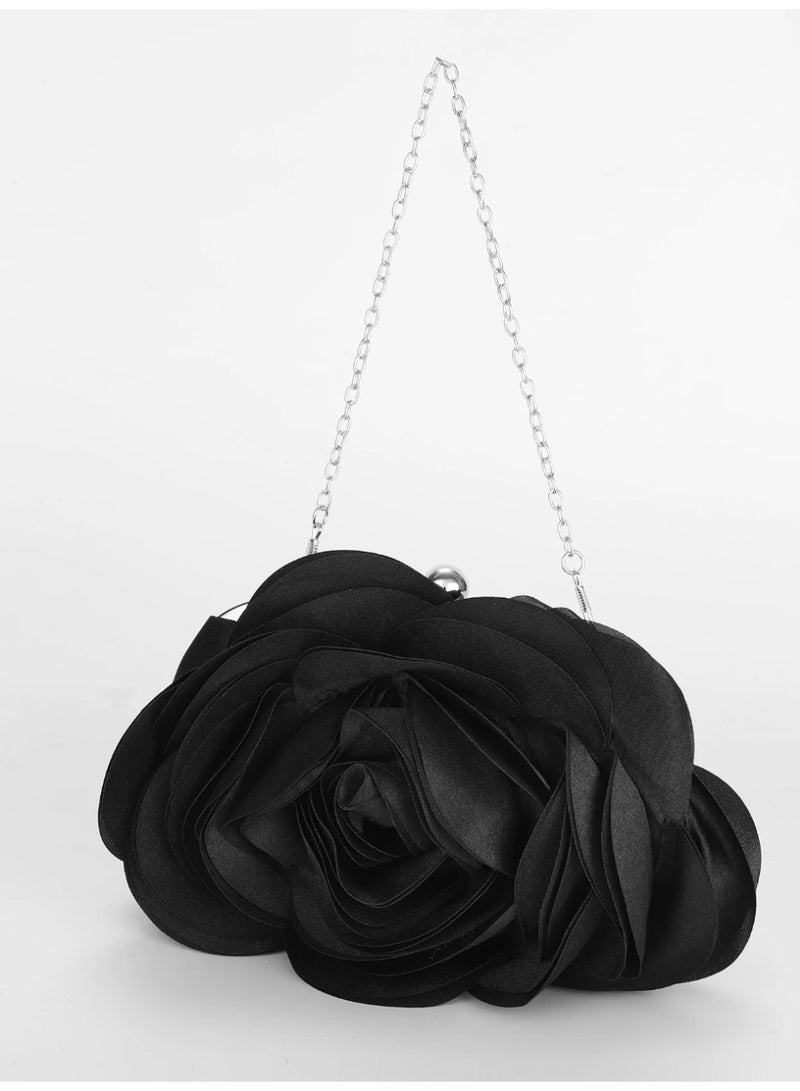 Women's black satin flower-shaped satchel, luxury handbag with a detachable chain strap for shoulder wear. - Image 1