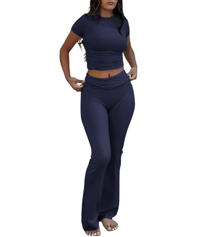 COPYLEAF Two Piece Lounge Sets for Women Fold Over Flare Pants Short Sleeve Crop Top Y2k Outfits Matching Set Tracksuit(Navy Blue M) - Image 1