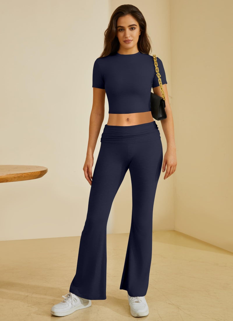 COPYLEAF Two Piece Lounge Sets for Women Fold Over Flare Pants Short Sleeve Crop Top Y2k Outfits Matching Set Tracksuit(Navy Blue M) - Image 2