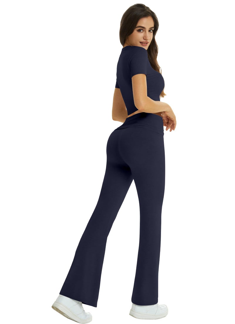 COPYLEAF Two Piece Lounge Sets for Women Fold Over Flare Pants Short Sleeve Crop Top Y2k Outfits Matching Set Tracksuit(Navy Blue M) - Image 4