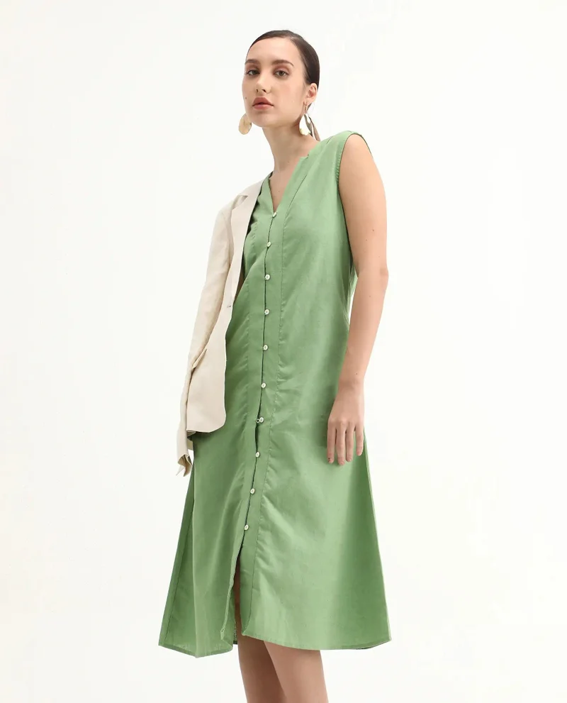 Rareism Rareism Women Foream Pastel Green Cotton Linen Fabric Sleeveless V-Neck Solid Longline Dress