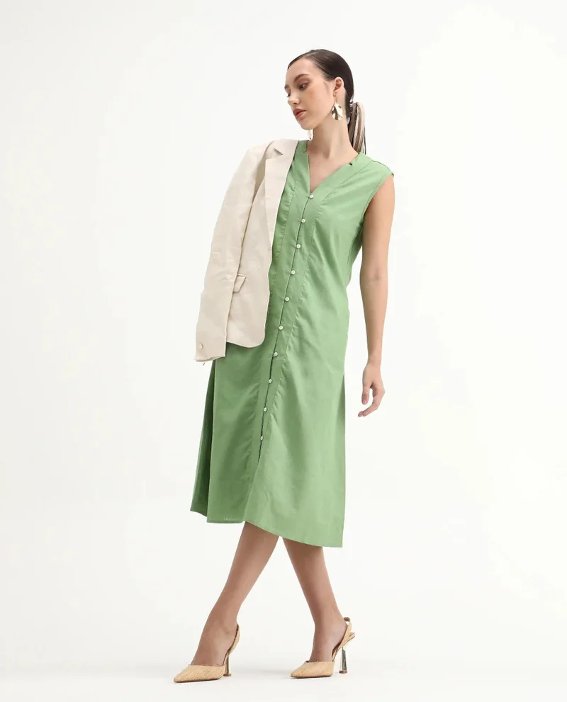 Rareism Rareism Women Foream Pastel Green Cotton Linen Fabric Sleeveless V-Neck Solid Longline Dress
