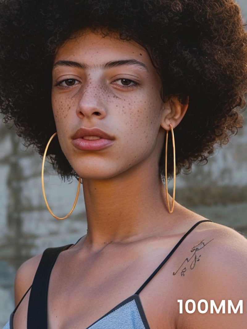 KeyStyle Womens Gold Thin Hoop Earrings Big Oversized Hoops, 100 mm Classic Jumbo Earring Big Loops, Stainless Steel Simple Ear Jew for Sensitive Ears - Image 2