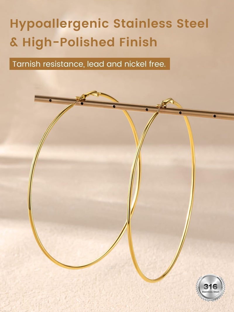 KeyStyle Womens Gold Thin Hoop Earrings Big Oversized Hoops, 100 mm Classic Jumbo Earring Big Loops, Stainless Steel Simple Ear Jew for Sensitive Ears - Image 5