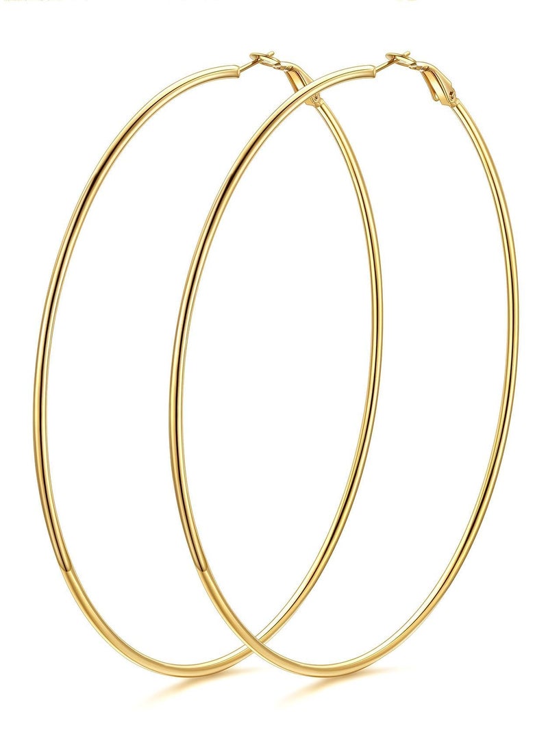 KeyStyle Womens Gold Thin Hoop Earrings Big Oversized Hoops, 100 mm Classic Jumbo Earring Big Loops, Stainless Steel Simple Ear Jew for Sensitive Ears - Image 1