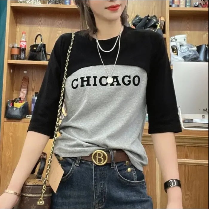 Fake Two-Piece Design Splicing Mid-Sleeve T-Shirt For Fat Women Summer Slim And Versatile Top Large Size - Image 1