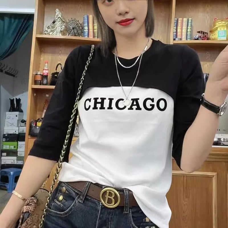 Fake Two-Piece Design Splicing Mid-Sleeve T-Shirt For Fat Women Summer Slim And Versatile Top Large Size - Image 3