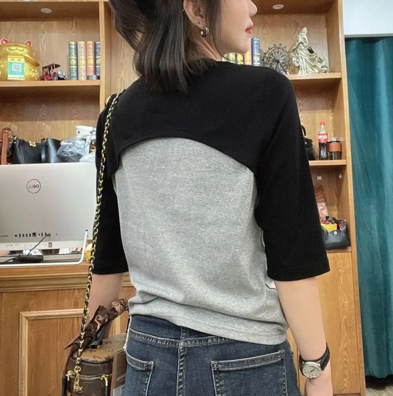 Fake Two-Piece Design Splicing Mid-Sleeve T-Shirt For Fat Women Summer Slim And Versatile Top Large Size - Image 5