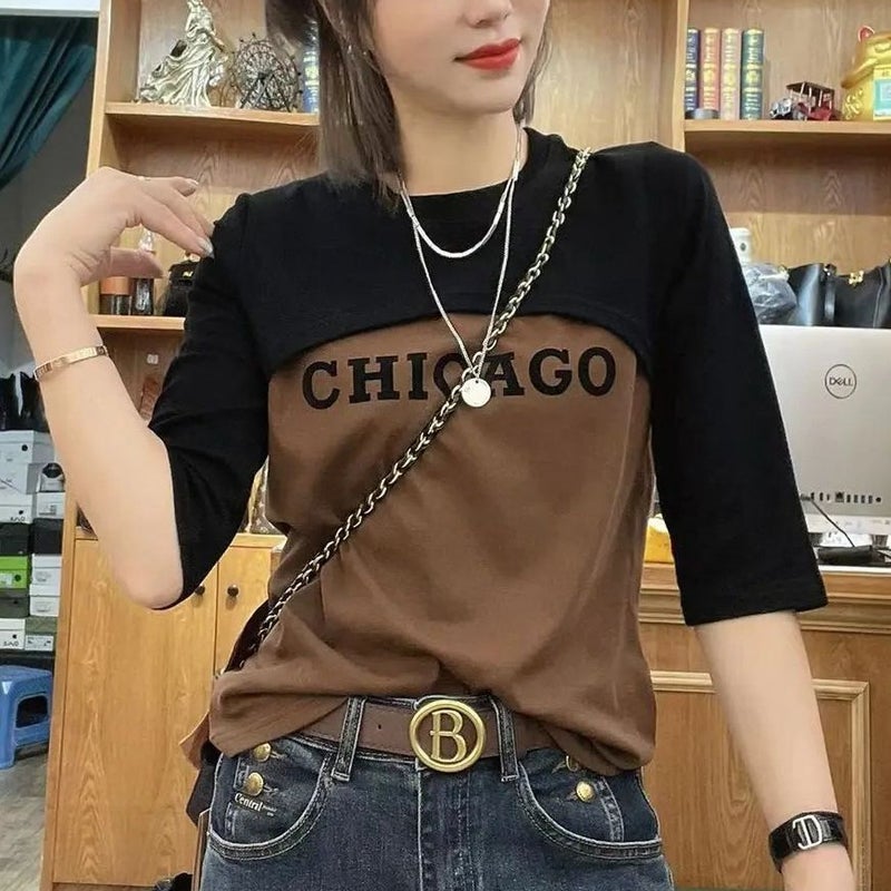 Fake Two-Piece Design Splicing Mid-Sleeve T-Shirt For Fat Women Summer Slim And Versatile Top Large Size - Image 2