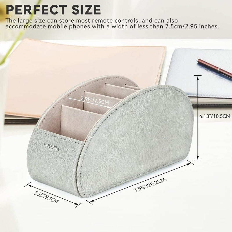 molshine Remote Control Holder with 5 Compartments,Pu Leather Office Organization Storage Caddy Box for Tv Remote ,Heater Controllers,Media Player,Office Supplies,Makeup Brush (Light Grey) - Image 2