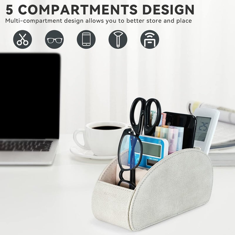 molshine Remote Control Holder with 5 Compartments,Pu Leather Office Organization Storage Caddy Box for Tv Remote ,Heater Controllers,Media Player,Office Supplies,Makeup Brush (Light Grey) - Image 5