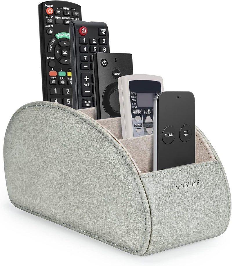 molshine Remote Control Holder with 5 Compartments,Pu Leather Office Organization Storage Caddy Box for Tv Remote ,Heater Controllers,Media Player,Office Supplies,Makeup Brush (Light Grey) - Image 1