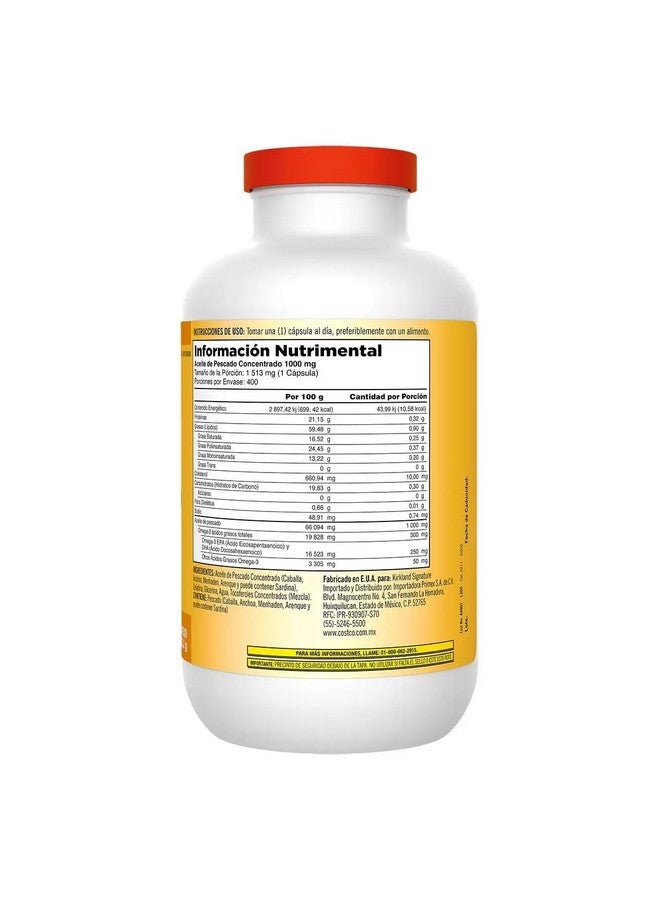 Kirkland Signature Natural Fish Oil Concentrate with Omega-3 Fatty Acids, 400 Softgels, 1000mg